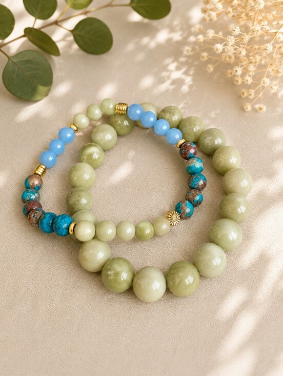 Hand Crafted Jewelry - Green Matcha Jasper & Blue Angelite Beads Stretch Bracelet Set, Handcrafted